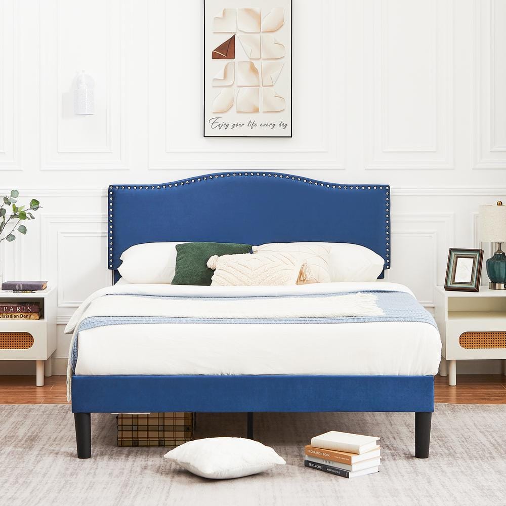 VECELO Bed Frame Blue Metal Frame Queen Platform Bed with Upholstered ...