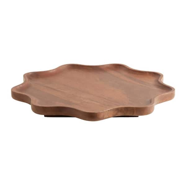Alezar 18 in. W x 3 in. H x 18 in. D Scalloped Walnut Brown Wood Decorative Serving Tray