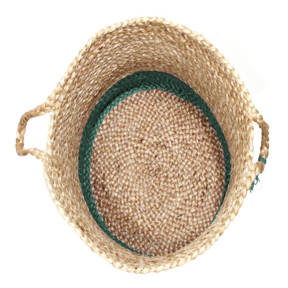 Handmade Round Tan and Green Jute Storage Basket with Loop Handles