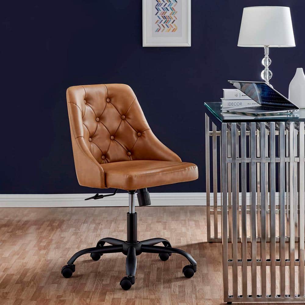 Black Tan Tufted Vegan Leather Swivel Office Chair