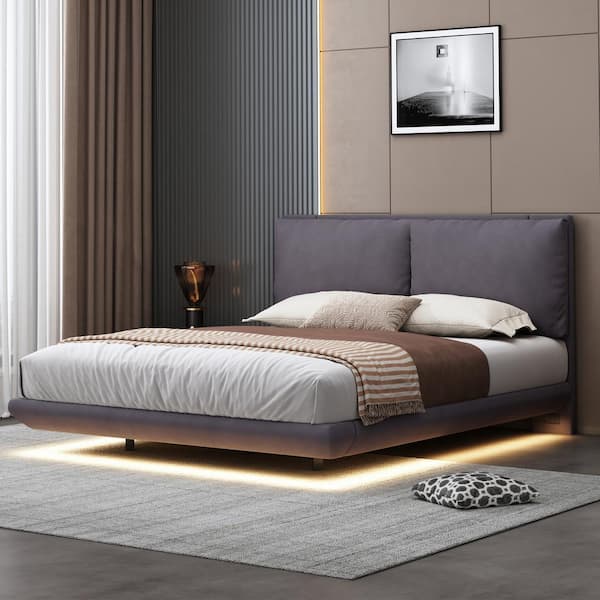 Harper & Bright Designs Floating Gray Wood Frame Queen Size Velvet Upholstered Platform Bed with Sensor Light, 2 Plump Backrests, USB Ports