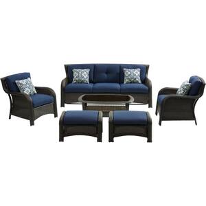 Corrolla 6-Piece Steel Frame Lounge Set with Sofa, 2 Side Chairs with cushions, 2 Ottomans and Coffee Table, Navy Blue