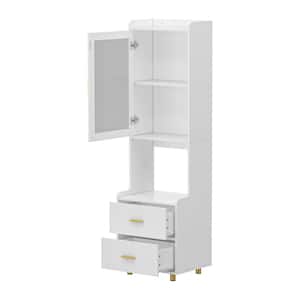66.9 in. Tall White Wooden 2-Shelf Bookcase, Nightstand, End Table, Dresser, with 2-Drawer and Tempered Glass Door
