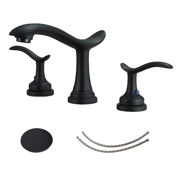 FORCLOVER 8 in. Widespread Double Handle Waterfall Bathroom Faucet with Drain Assembly in Spot Resist Matte Black