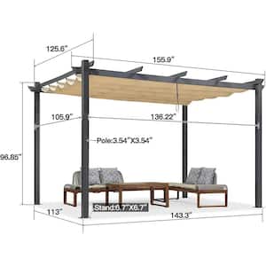 11 ft. x 13 ft. Beige Outdoor Retractable Against The Wall with Shade Canopy Modern Yard Metal Grape Trellis Pergola