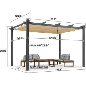 11 ft. x 13 ft. Beige Outdoor Retractable Against The Wall with Shade Canopy Modern Yard Metal Grape Trellis Pergola