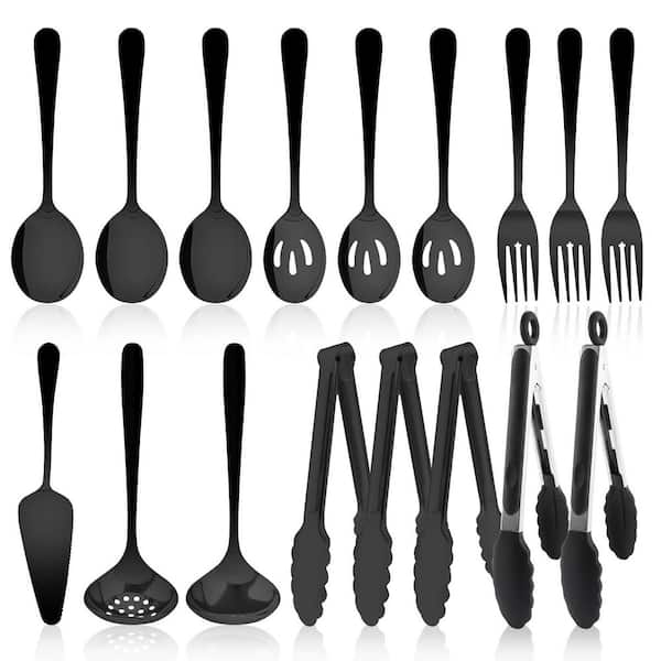 17-Piece Stainless Steel Serving Utensil Set in Black with Spoon, Fork, Tongs, Cake Server and Skimmer