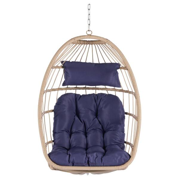 Tealeaf 28.5 in. Brown Wicker Hanging Porch Swing with Dark Blue Cushions