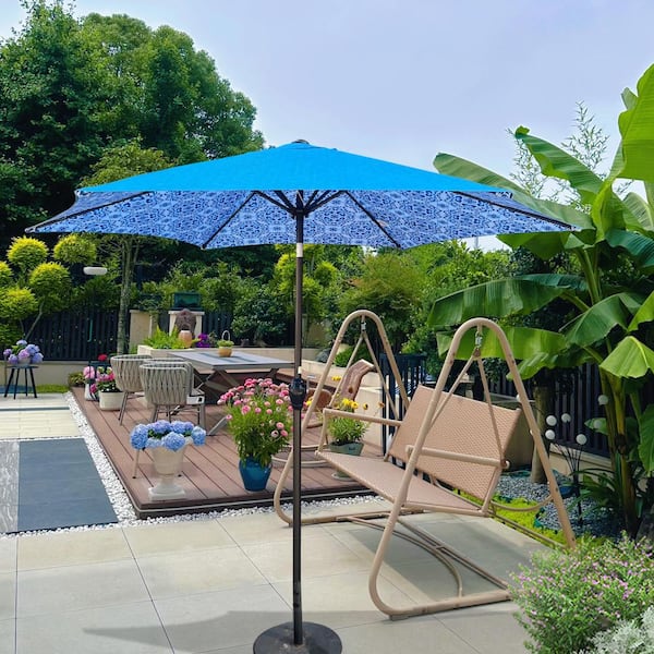 blue patterned patio umbrella Our Beach Umbrella 6ft 8-rib Printed Porcelain tilt and crank mechanism and a sturdy pole that fits most patio tables and umbrella stands Hand Painted Patio Umbrellas