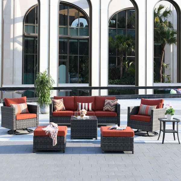 OVIOS New Vultros Gray 7-Piece Wicker Outdoor Patio Conversation Set with Orange Red Cushions and Swivel Rocking Chairs