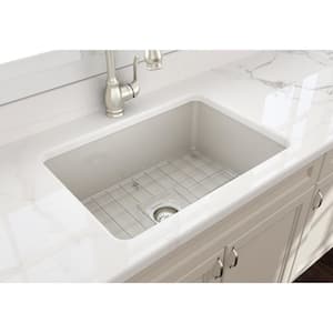 Sotto Undermount Fireclay 27 in. Single Bowl Kitchen Sink with Bottom Grid and Strainer in Biscuit