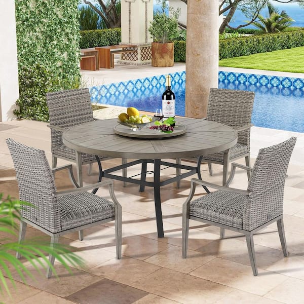 Allure 5-Piece Wicker Outdoor Dining Set, Dining Armchairs and Round Dining Table with Lazy Susan