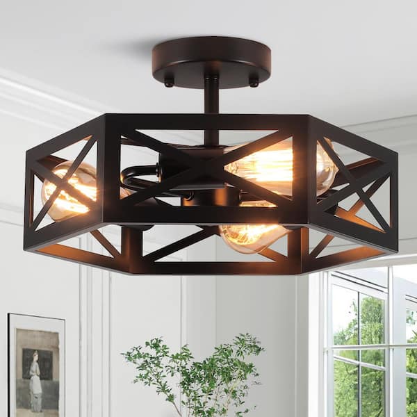 GoYeel 14.57 in. 3-Light Black Modern Industrial Metal Hexagonal Semi-Flush Mount Ceiling Light