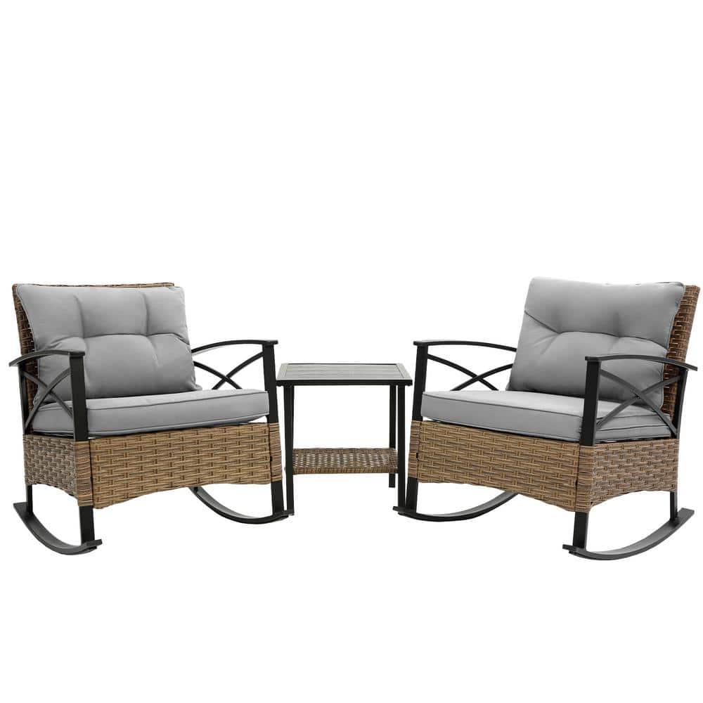 3-Piece Wicker Outdoor Rocking Chairs and Table Bistro Set with Gray Thick Cushions price history on PriceWatchPro
