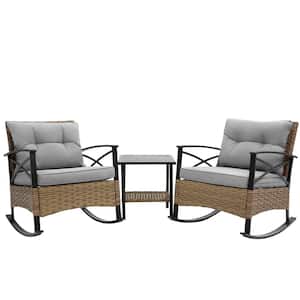 3-Piece Wicker Outdoor Rocking Chairs and Table Bistro Set with Gray Thick Cushions