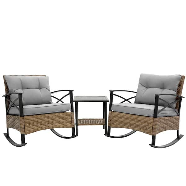 HOMEFUN 3-Piece Wicker Outdoor Rocking Chairs and Table Bistro Set with Gray Thick Cushions