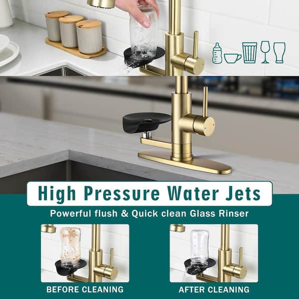 17.71 in. H Pull Down Sprayer Kitchen Faucet with Press-Type Glass Rinser in Brushed Gold