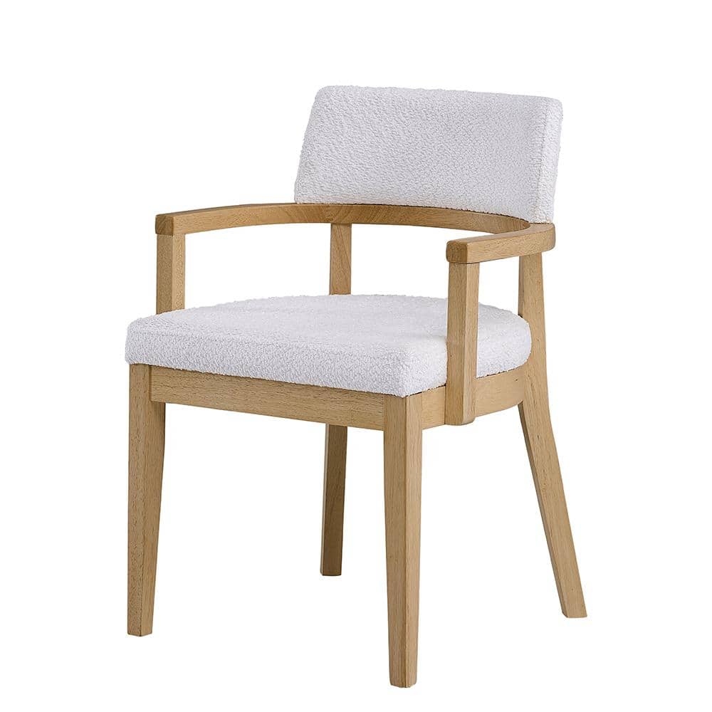 White Upholstered Oak Wood Side Chair with Curved Armrest