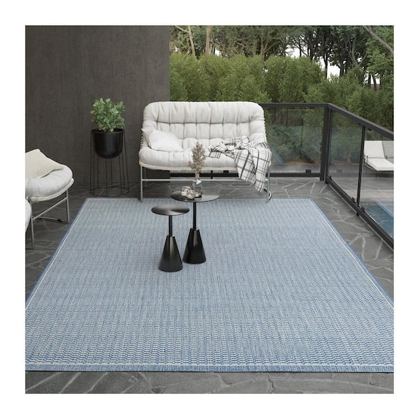 Recife Saddle Stitch Ivory-Blue 8 ft. x 11 ft. Flatwoven Solid Rectangle Indoor/Outdoor Area Rug