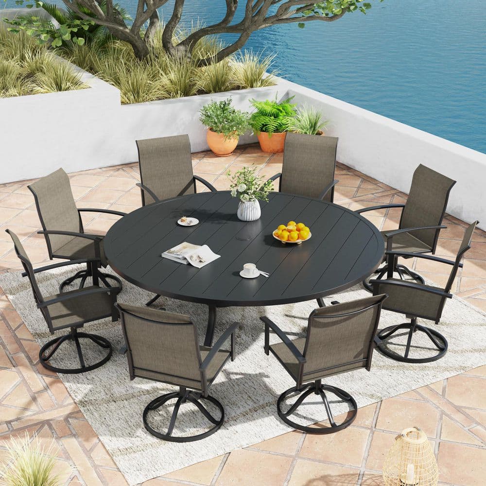 9-Piece Metal Outdoor Patio Dining Set with 63 in. Black Round Table and 8 Brown Textilene Swivel Dining Chairs price history on PriceWatchPro