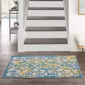 Aloha Ivory Blue 3 ft. x 4 ft. Floral Contemporary Indoor/Outdoor Patio Kitchen Area Rug