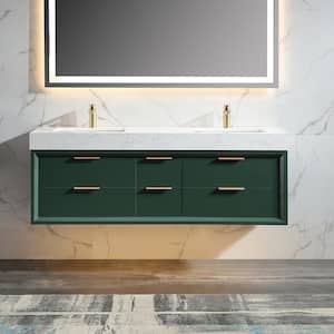 60 in. W x 20.7 in. D x 21.3 in. H Floating Bathroom Vanity in Green solid Oak/White Engineer Marble Countertop & Lights