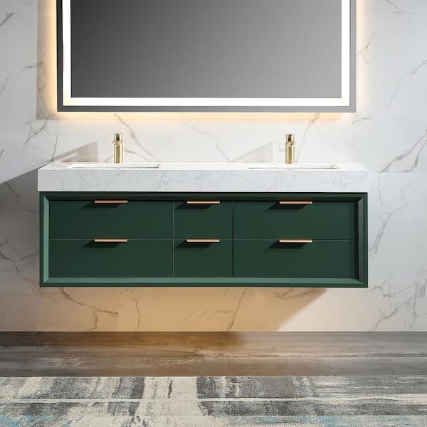 Lonni 60 in. W x 20.7 in. D x 21.3 in. H Floating Bathroom Vanity in Green solid Oak/White Engineer Marble Countertop & Lights