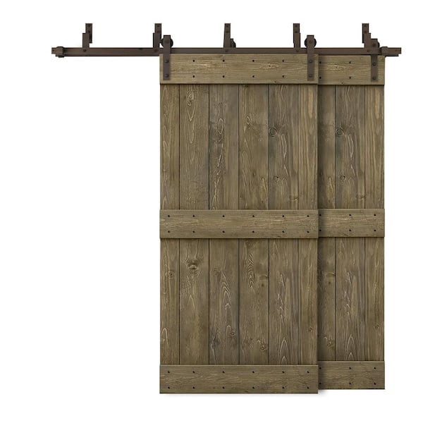 60 in. x 84 in. Mid-Bar Bypass Aged Barrel Stained DIY Solid Wood Interior Double Sliding Barn Door with Hardware Kit