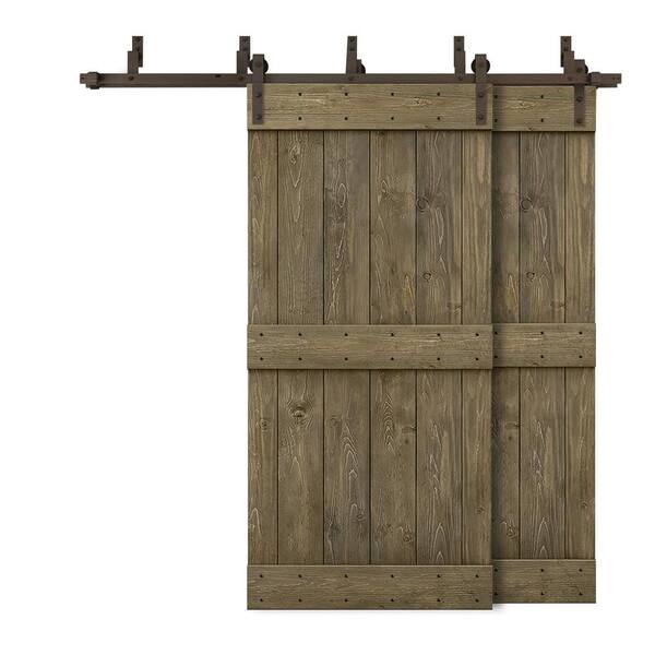 CALHOME 76 in. x 84 in. Mid-Bar Bypass Aged Barrel Stained DIY Solid Wood Interior Double Sliding Barn Door with Hardware Kit