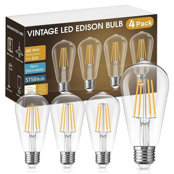 ST58 E26 Medium Base 60 Watt Equivalent Vintage LED Edison Filament Light Bulb Warm White 2700K (4-Pack)