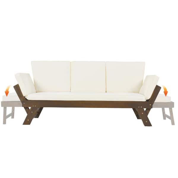 Tenleaf Brown Solid Wood Outdoor Chaise Lounge with Beige Cushions
