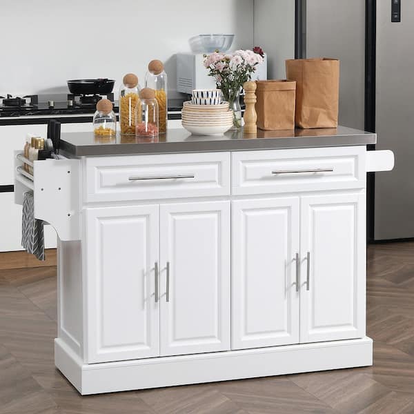 White Stainless-Steel Top 57 in. Kitchen Island with Casters, Spice, Knife and Towel Rack