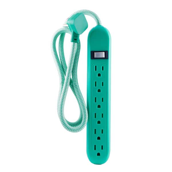 Cordinate 6-Outlet Surge Protector Power Strip with Flat Plug 3 ft. Decorative Braided Cord, Green