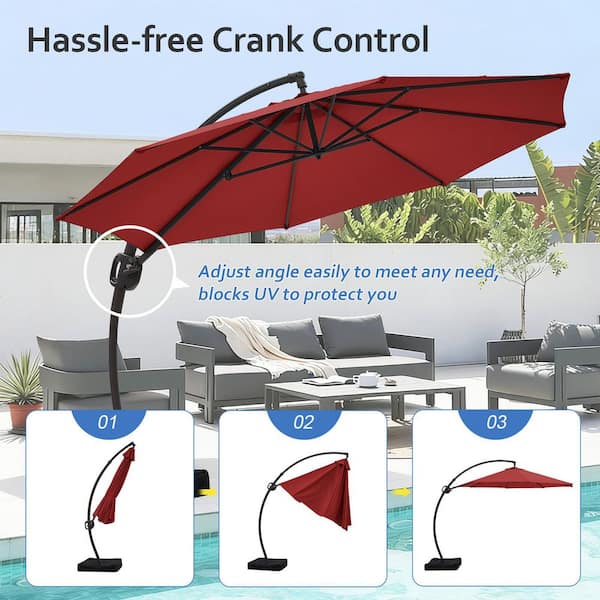 coolaroo 12 ft round cantilever patio umbrella JEAREY 12 ft. Large Outdoor Aluminum Curvy Cantilever Offset Hanging Patio Umbrella with Sandbag Base and Cover in Red