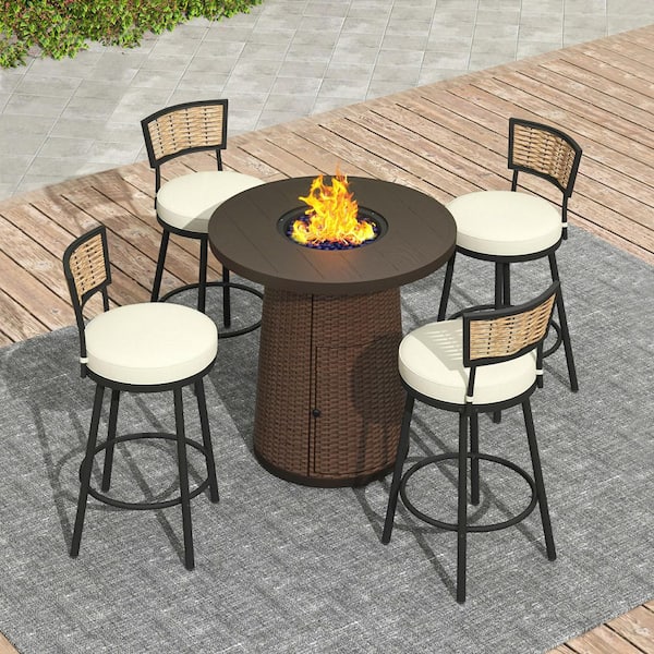 INNUMIA 5-Piece Metal Patio Conversation Set with Brown Round Gas Bar Height Fire Pit Table, Swivel Chairs and Cushions
