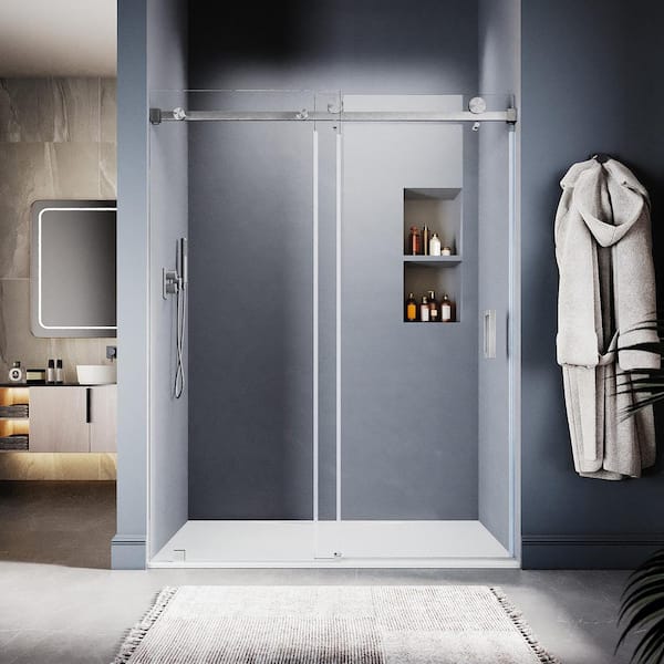 UNIKOO UKS05 56 to 60 in. W x 80 in. H Sliding Frameless Shower Door in Brushed Nickel, EnduroShield 3/8 in. SGCC Clear Glass