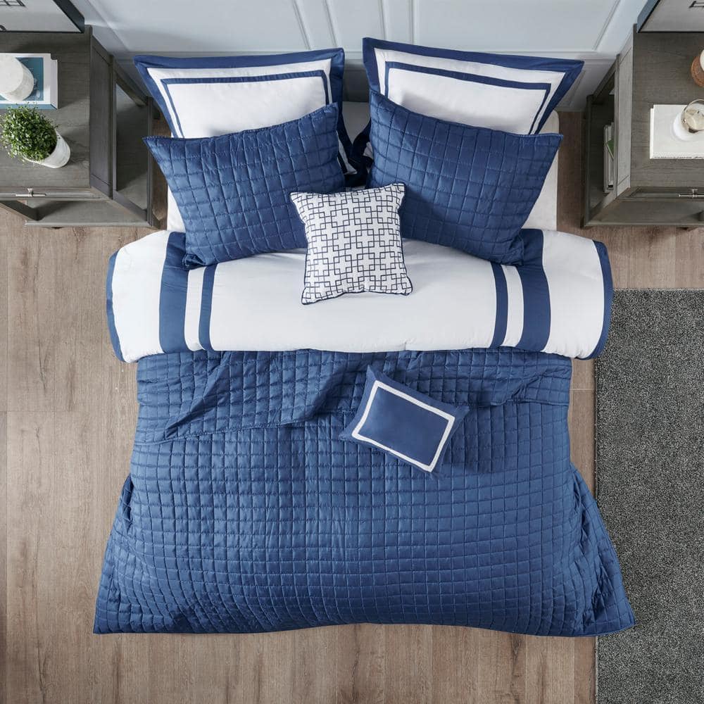 Navy and White King Microfiber Reversible 8-Piece Bedding Set
