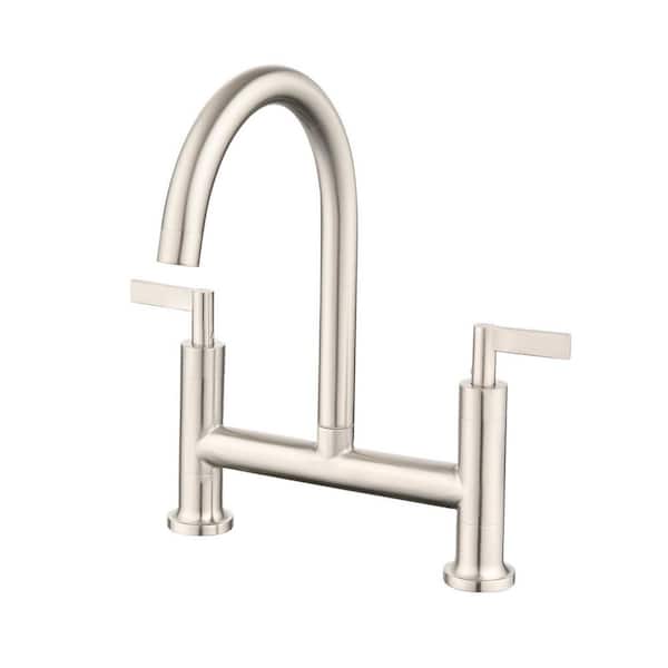 Flynama Two Hole Double Handle Bridge Kitchen Faucet in Brushed Nickel