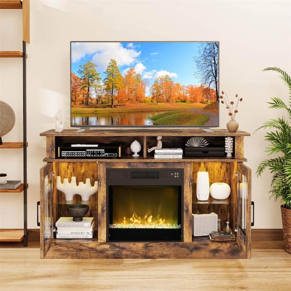 48 in. Freestanding Wooden Smart Electric Fireplace TV Stand in Brown