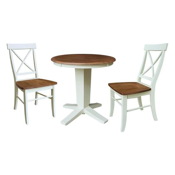 International Concepts Aria Hickory/Shell Solid Wood 30 in Round Top Pedestal Dining Table Set with 2 X-Back Chairs, Seats 2