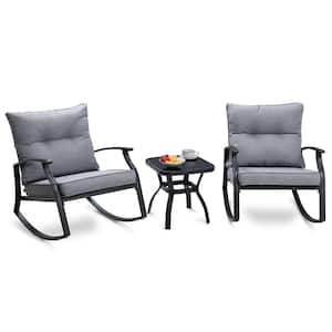 3-Piece Metal Outdoor Bistro Set Patio Rocking Chairs with Gray Cushions and Table