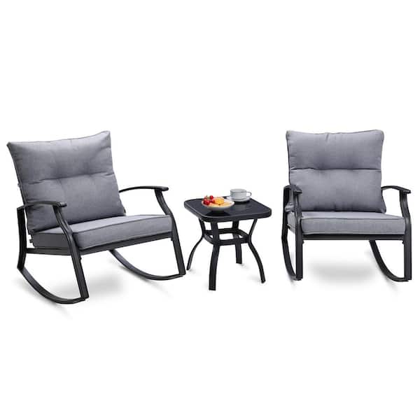 Unbranded 3-Piece Metal Outdoor Bistro Set Patio Rocking Chairs with Gray Cushions and Table