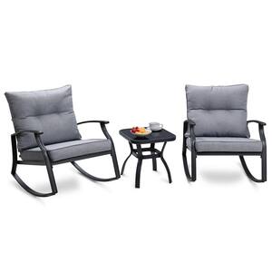 3-Piece Metal Outdoor Rocking Chair Bistro Set with Gray Cushions