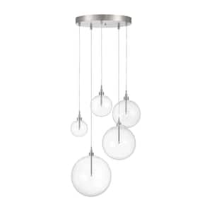 28 in. 5-Light Brushed Nickel Cluster Pendant Light with Clear Orb Glass Shades and Dimmable LED Light Bulbs Included