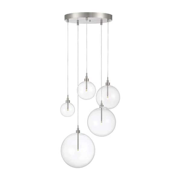 TUXEDO PARK LIGHTING 28 in. 5-Light Brushed Nickel Cluster Pendant Light with Clear Orb Glass Shades and Dimmable LED Light Bulbs Included