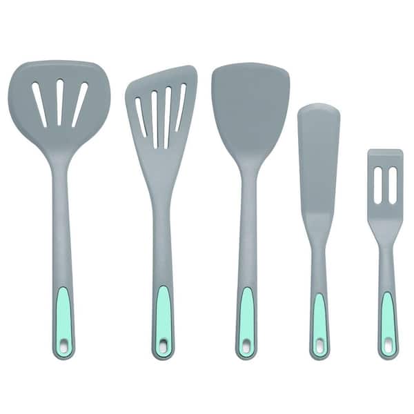 5-Piece Silicone Turner Spatula Set Heat Resistant Food Grade Nonstick Light Grey Cooking Utensils Dishwasher Safe