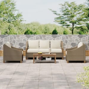 4-Piece Grey Rattan Outdoor Conversation Sofa Set with Wooden Coffee Table and Beige Cushions Seating 5 People