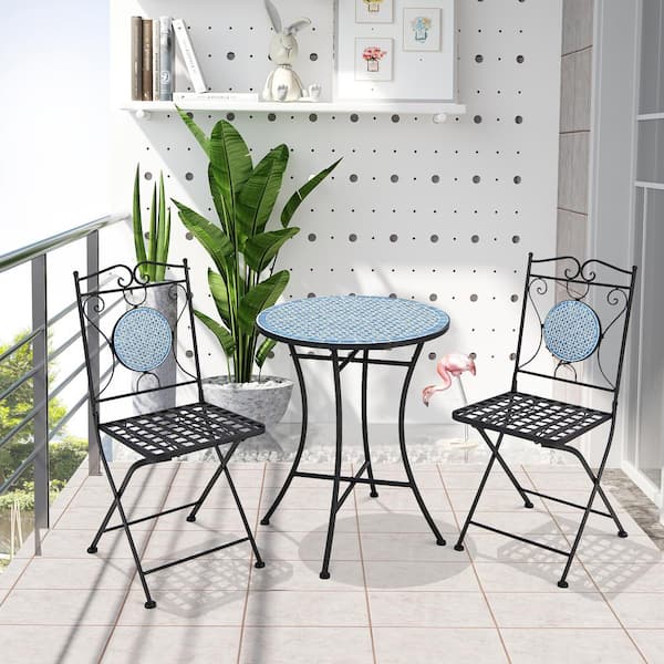 ANGELES HOME 3-Pieces Metal Outdoor Bistro Set Outdoor Furniture Mosaic Table Chairs