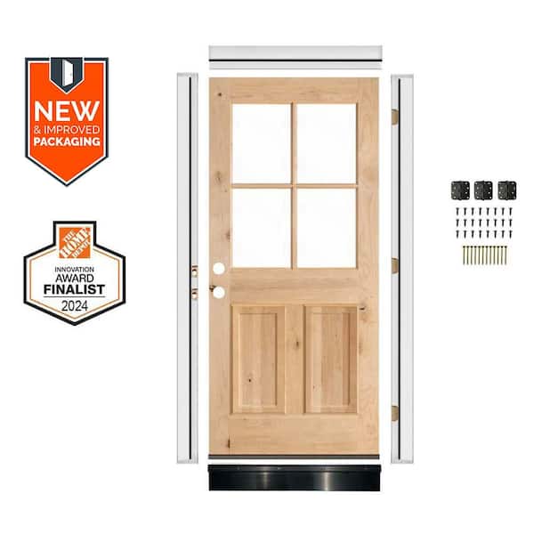 DIY 32 in. x 80 in. Right-Handed 4-Lite Clear Glass Unfinished Knotty Alder Wood Front Door Kit w/ Quick Assemble Jamb