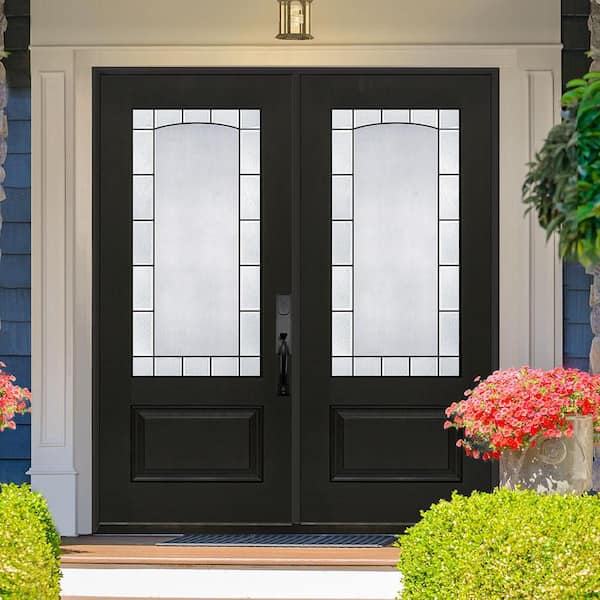 Regency 72 in. x 80 in. 3/4L Empire Decorative Glass LHIS Onyx Fiberglass Double Prehung Front Door with 6-9/16 Jamb